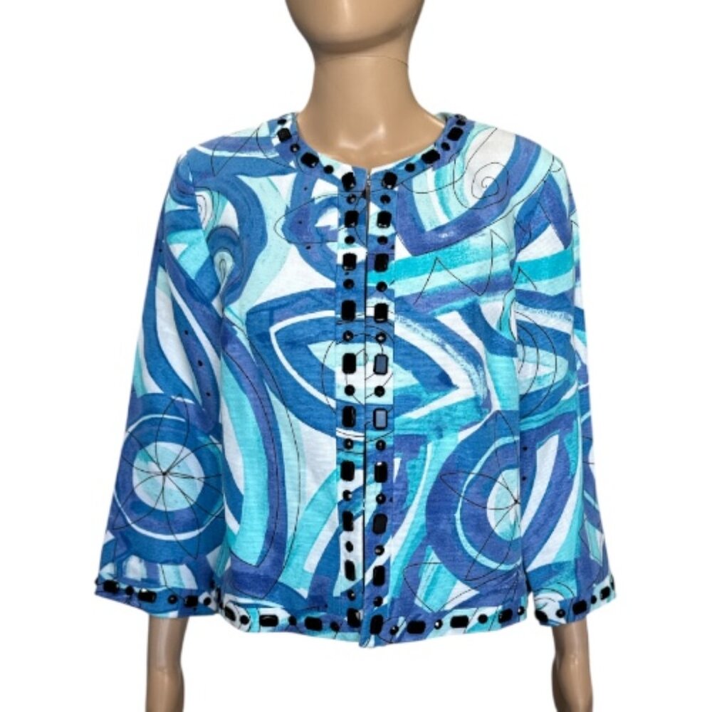 Sigrid Olsen Jacket with Blue White Printed Pattern Black Bead Accents, Size 8